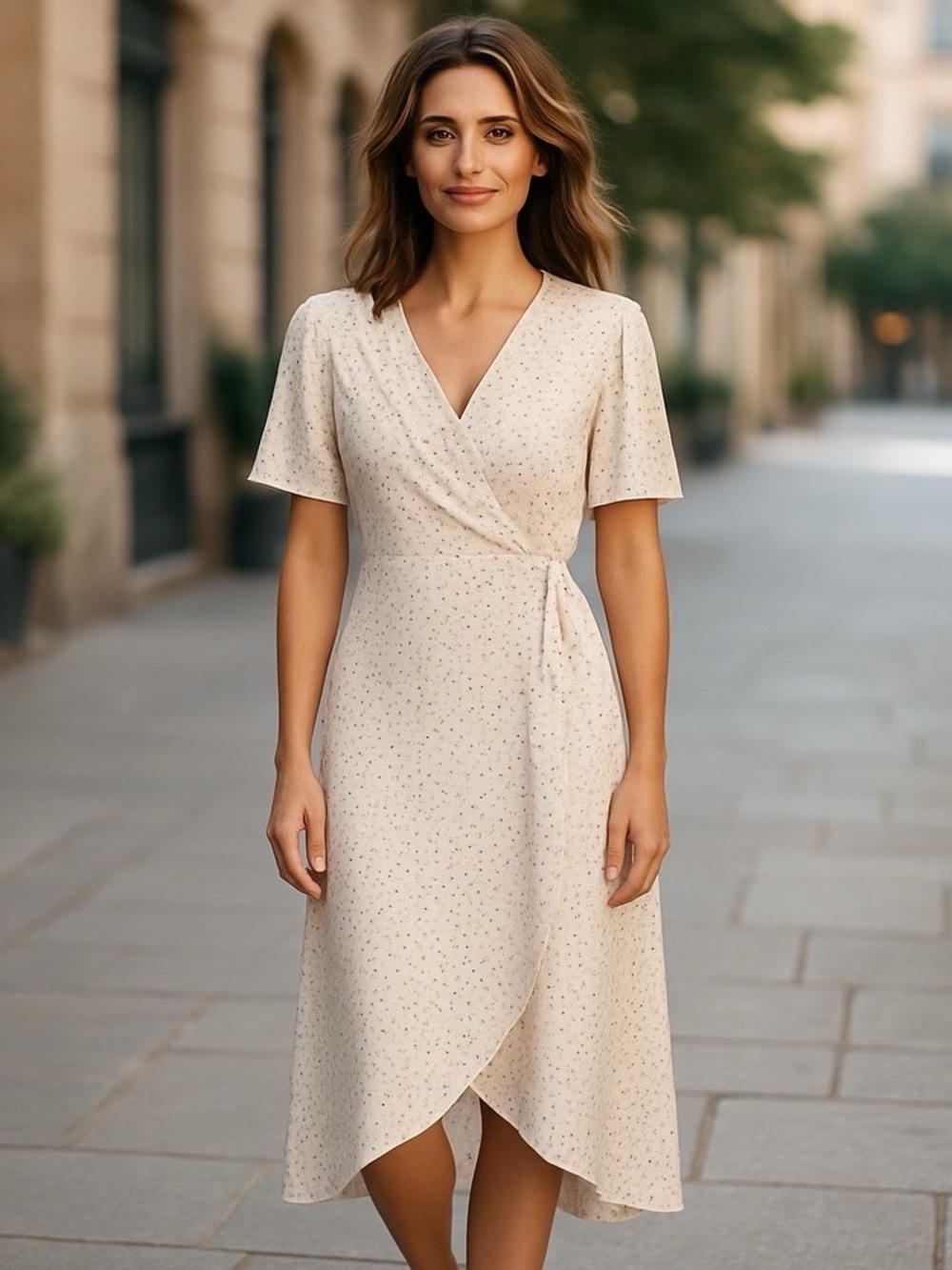 Everly Cream Polka Dot Print Midi Wrap Dress Size Large